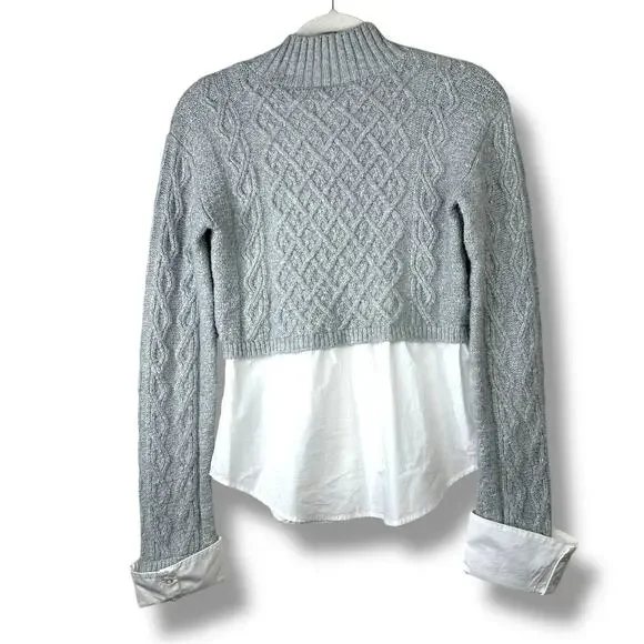 Maeve Anthropologie NWOT Gray Cable-Knit Layered Crewneck Overlay Button Sweater - Picture 6 of 9